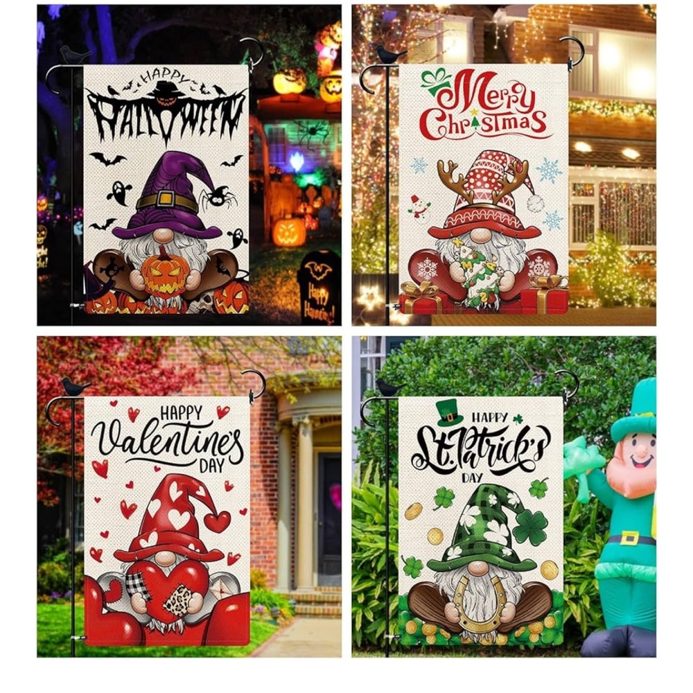 Set of 12 Seasonal Gnome garden flags, double sided burlap washable❣️❣️❣️
